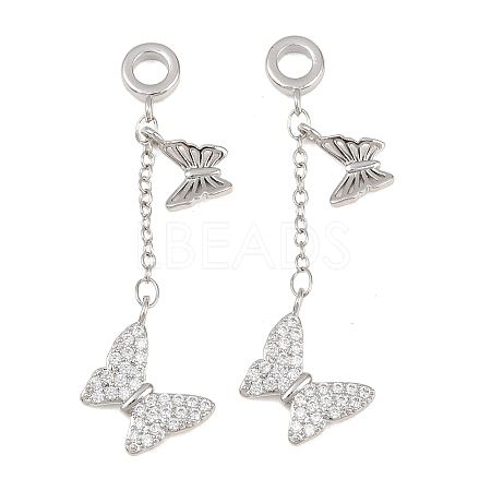 Brass Micro Pave Clear Cubic Zirconia Double Butterfly European Dangle Charms KK-H257-04P-1