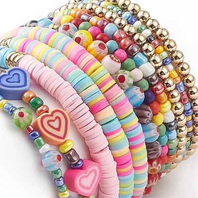 11Pcs 10 Style Synthetic Turquoise(Dyed) & Hematite & Millefiori Glass Stretch Bracelets Set with Word Happy Beaded BJEW-JB08832-1