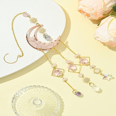 Natural Rose Quartz Chips Moon Pendant Decorations HJEW-FS00027-04-1