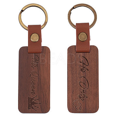 2Pcs 2 Styles Word His Only/His Queen Engraved Wooden with Leather Keychain WOOD-GF0001-81-1