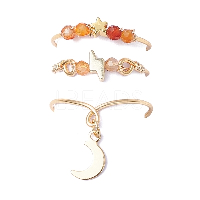3Pcs Copper Wire Wrapped Natural Carnelian Faceted Round Bead Finger Rings for Women RJEW-JR00887-01-1