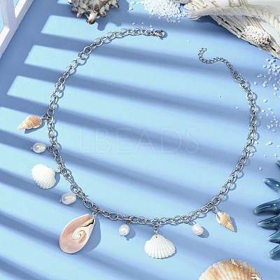 Natural Cultured Freshwater Pearl & Spiral Shell Bib Pendants X1-NJEW-TA00181-1
