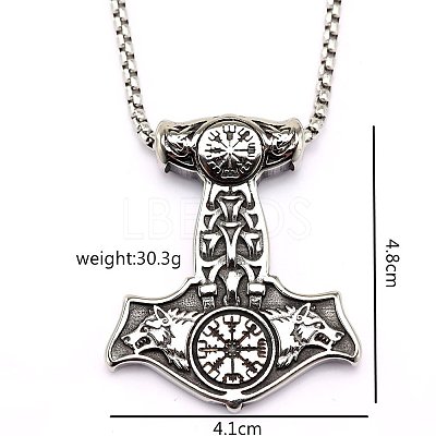 304 Stainless Steel Viking Double Wolf Head Hammer Pendant Box Chain Necklaces for Men WGEA97A-01-1