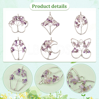 6Pcs 6 Styles Natural Amethyst Copper Wire Wrapped Chip Big Pendants G-PH0002-16-1