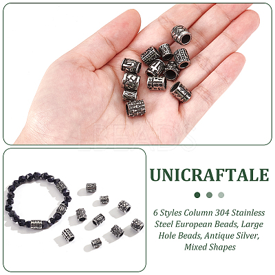 12Pcs 6 Styles Column 304 Stainless Steel European Beads STAS-UN0059-94-1