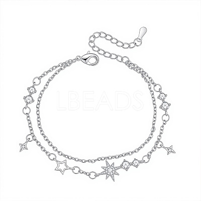 Brass Pave Clear Cubic Zirconia Star Tassel 2-Strand Bracelets for Women WG8024F-01-1