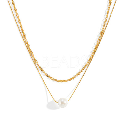 304 Stainless Steel Double Layer Necklaces with White Round Faux Pearl Pendants for Women KQ2558-1