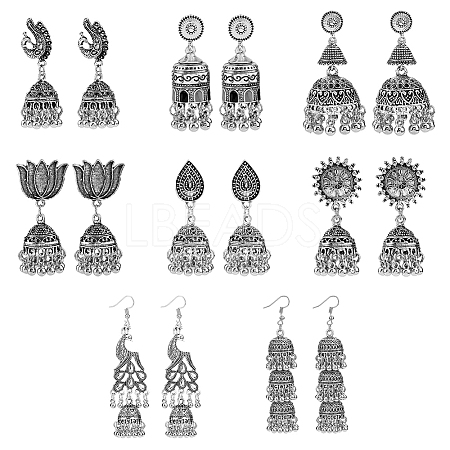 FIBLOOM 8 Pairs 8 Style Alloy Bell Chandelier Earrings Set EJEW-FI0002-93-1