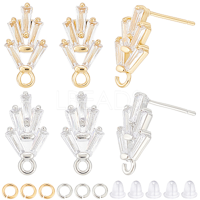 8 Pairs 2 Color Flower Shape Brass Cubic Zirconia Stud Earring Findings KK-CN0003-21-1