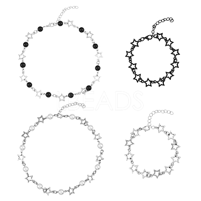 4Pcs 4 Style Alloy Hollow Star Link Chain Bracelets & Necklaces with ABS Plastic Pearl Beaded SJEW-FI0001-09-1