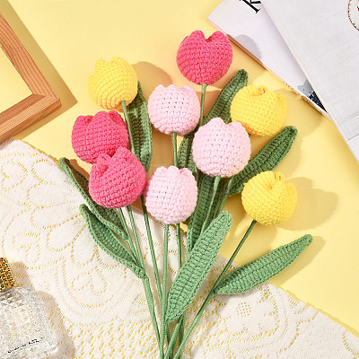 9Pcs 3 Colors Polyester with Iron Wire Artificial Tulip Flower AJEW-SC0031-42A-1