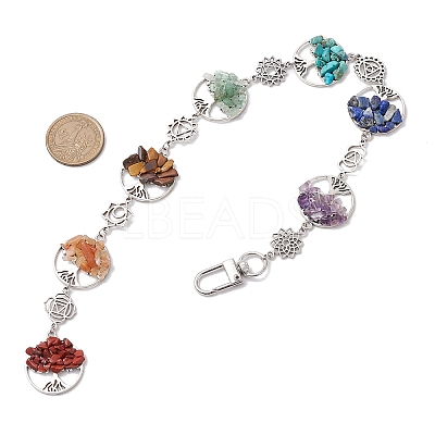 Flat Round with Tree of Life Natural & Synthetic Gemstone Chips Pendant Decorations HJEW-JM02335-1