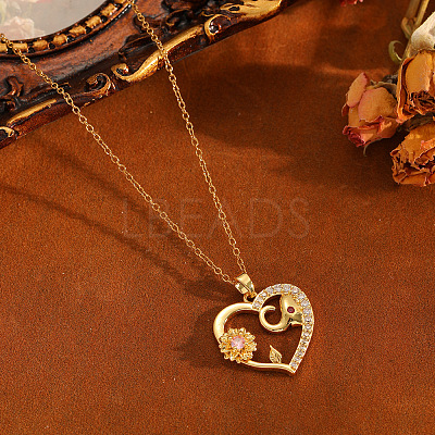 Brass Pave Clear and Pink Cubic Zirconia Heart with Elephant Pendant 304 Stainless Steel Cable Chain Necklaces for Women WGA7C59-01-1