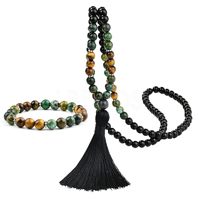 Glass & African Turquoise(Jasper) & Tiger Eye Round Rosaries Beaded Tassel Pendant Necklaces & Bracelets Sets FS-WGB975F-03-1