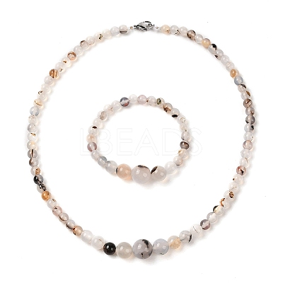 Natural Dendritic Agate Round Beads Bracelets & Necklaces Sets SJEW-L132-26-1