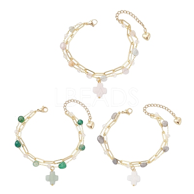 3Pcs Natural Morganite & Green Agate & Labradorite Beads Multi-layered Bracelets BJEW-JB12217-1