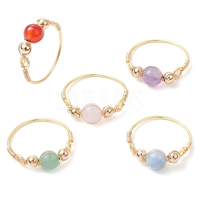 Round Natural Quartz Crystal & Rose Quartz & Green Aventurine & Amethyst & Carnelian Finger Rings RJEW-JR00819-1