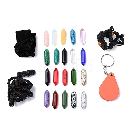 Natural & Synthetic Mixed Gemstone Bullet Pendant Necklace & Link Bracelet & Keychains DIY Making Kit PW-WG86896-01-1