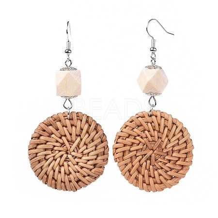 Handmade Reed Cane/Rattan Woven Beads Dangle Earrings EJEW-JE03017-01-1
