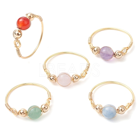 Round Natural Quartz Crystal & Rose Quartz & Green Aventurine & Amethyst & Carnelian Finger Rings RJEW-JR00819-1