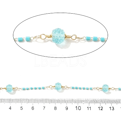 Brass Hexagonal Column Glass Seaded Beaded & Resin Round Beaded Link Chains CHC-G026-01A-1