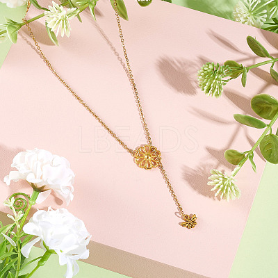 Adjustable 304 Stainless Steel Cable Chain Necklaces Flower & Bees Alloy Charm Lariat Necklaces for Women NJEW-TAC0017-02-1