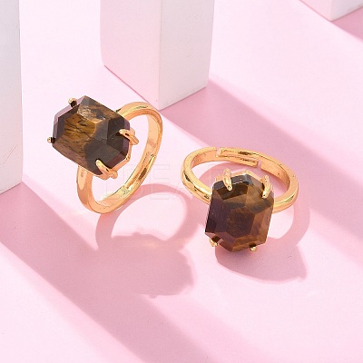 Hexagon Natural Tiger Eye Finger Rings RJEW-B113-02G-05-1