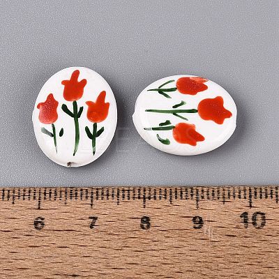 Hand Painted Tulip Flower Oval Porcelain Beads PORC-N012-11A-1