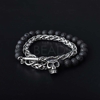 Natural Lava Rock & Stainless Steel Skull Beaded Bracelet with Wheat Chains PW-WG61835-01-1