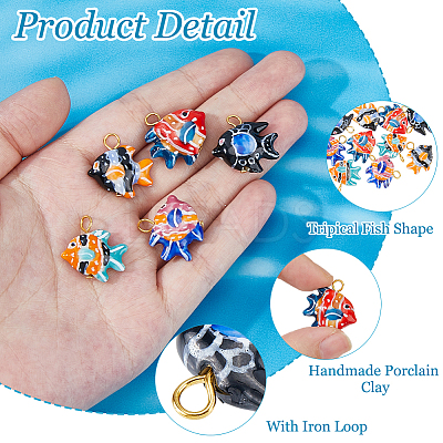 10Pcs 5 Colors Hand Painted Fish Porcelain Pendants. with Iron Loops PALLOY-HS00025-1