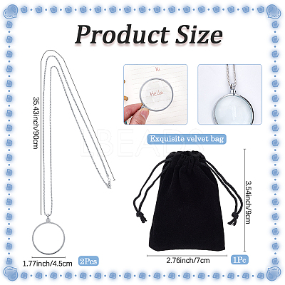 2Pcs Flat Round 5X Magnifying Glass Pendant Necklaces NJEW-SP0001-03P-1