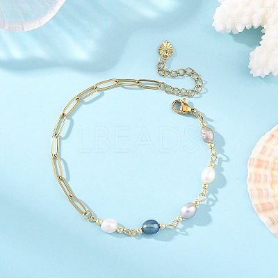 Natural Pearl Rice Beaded Chain Bracelets with 304 Stainless Steel Paperclip Chains BJEW-JB14234-01-1
