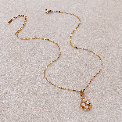 Vintage European 304 Stainless Steel & Imitation Pearl Teardrop Pendant Necklaces for Women NU2800-1