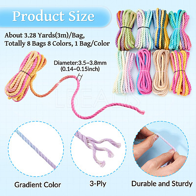 8 Bags 8 Colors 3-Ply Round Cotton Twisted Cord OCOR-TA0003-82B-1