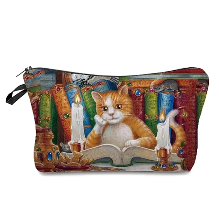 Bookish Cat Print Linen Cosmetic Zipper Pouches PW-WG7274F-01-1