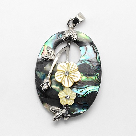 Brass White Shell Oval with Flower Pendants SSHEL-F0006-48B-01-1