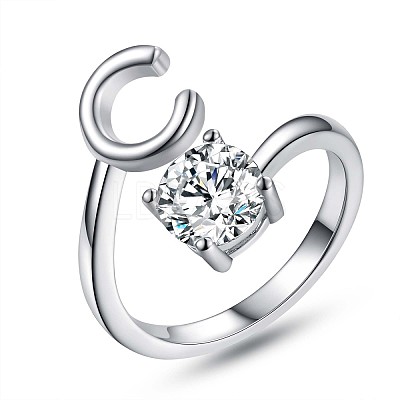 Anti-Tarnish Rhodium Plated 925 Sterling Silver Initial Letter Open Cuff Ring JR852C-1