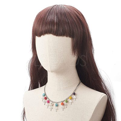 Dyed Synthetic Turquoise Skull with Cross Bib Necklace NJEW-TA00071-1