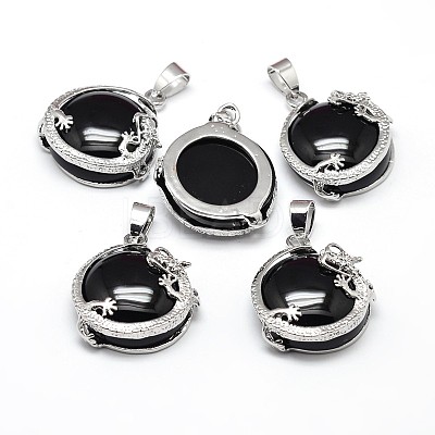 Flat Round with Dragon Platinum Plated Brass Natural Dyed & Heated Black Agate Pendants G-F228-24K-RS-1
