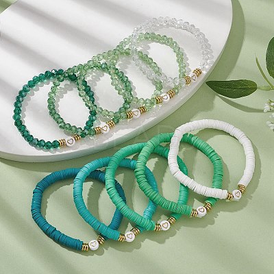 10Pcs Polymer Clay Disc & Glass & Brass Beaded Stretch Bracelets Set BJEW-JB09676-04-1