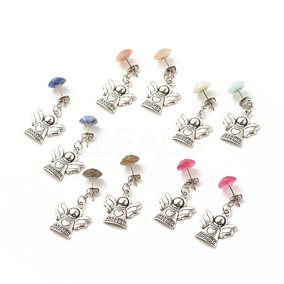 Natural Gemstone Half Round with Alloy Fairy Front Back Stud Earrings EJEW-JE04947-1