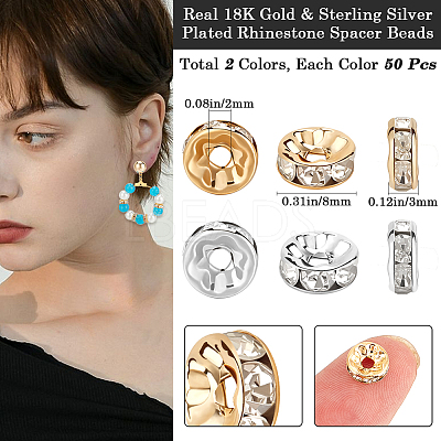 100Pcs 2 Colors Brass with Rhinestone Spacer Beads KK-BBC0015-99-1