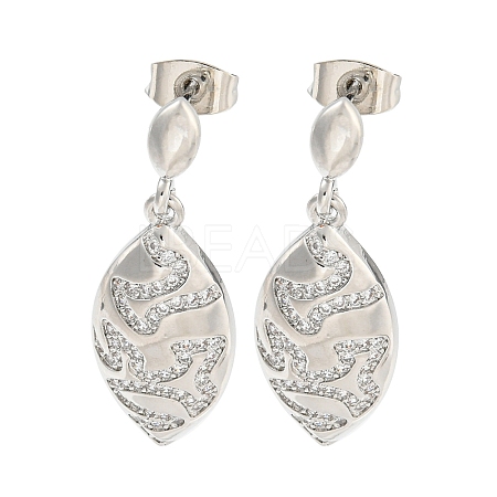 Leaf Brass Pave Clear Cubic Zirconia Dangle Stud Earrings EJEW-M258-37P-1