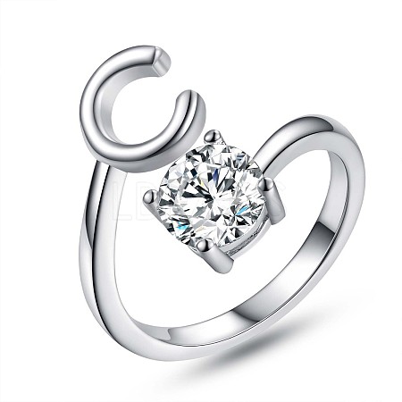 Anti-Tarnish Rhodium Plated 925 Sterling Silver Initial Letter Open Cuff Ring JR852C-1