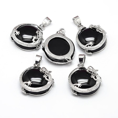 Flat Round with Dragon Platinum Plated Brass Natural Dyed & Heated Black Agate Pendants G-F228-24K-RS-1