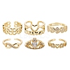 6Pcs 6 Styles Brass Micro Pave Clear Cubic Zirconia Cuff Rings RJEW-LS0001-44G-2