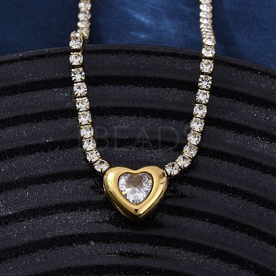 304 Stainless Steel Clear Cubic Zirconia Heart Pendant Necklaces for Women NJEW-Z044-15G-02-1