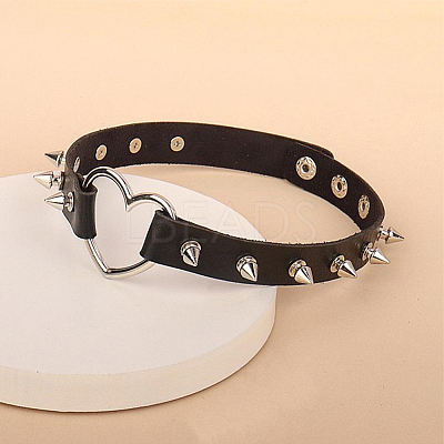 2Pcs Adjustable Gothic PU Leather Alloy Heart Spike Rivet Heart Choker Necklaces for Women NJEW-CL0001-17A-1