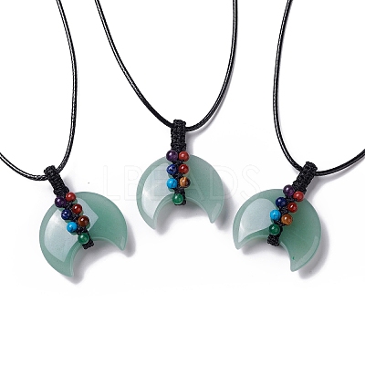 Adjustable Natural Green Aventurine Double Horn Pendant Necklace with Wax Cord for Women NJEW-B086-01G-1