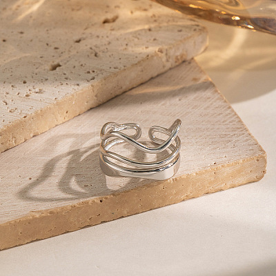 304 Stainless Steel Layered Waved Cuff Rings IP1219-3-1